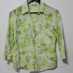 Coldwater Creek Green Floral Swiss Dot 3/4 Sleeve